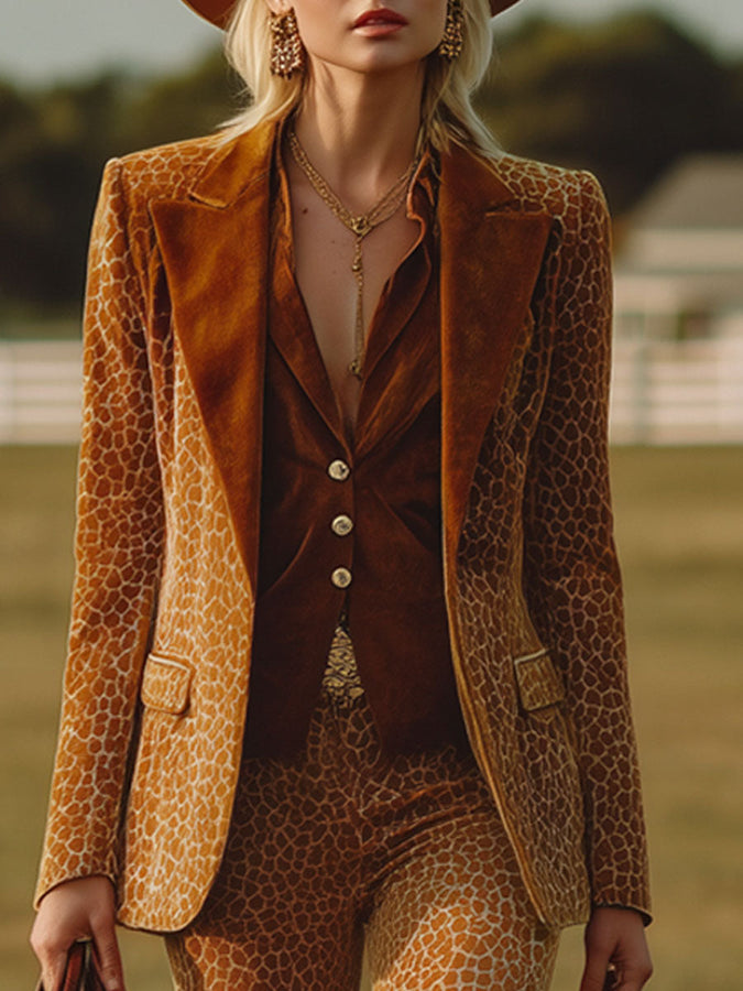 Blazer Imprimé Léopard Orange au Style Western Rétro avec Pantalons Évasés