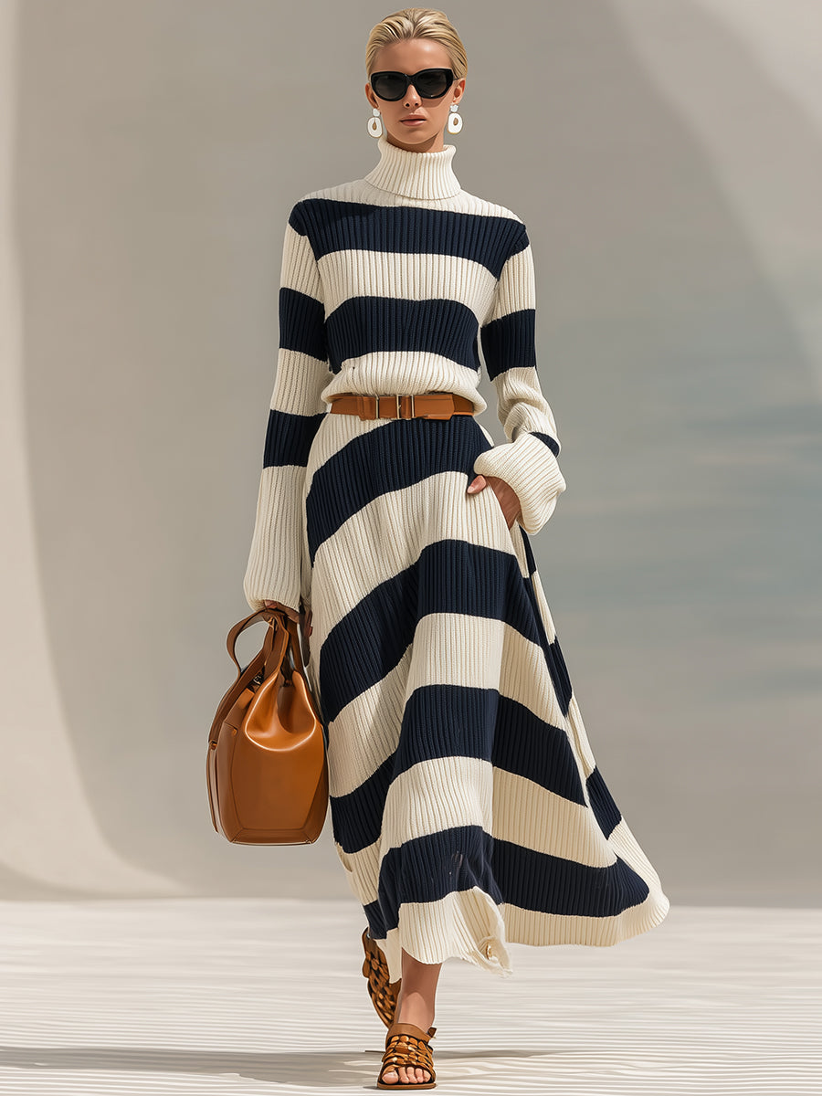 Robe Maxi Tricot à Manches Longues avec Col Haut - Élégance et Style en Rayures Contrastées Bleu Marine et Blanc