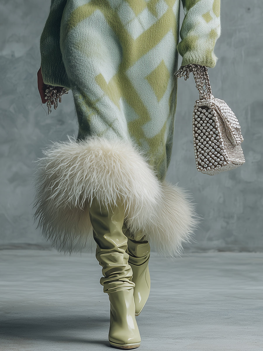 Robe Maxi Tricotée Verte Élégante avec Manches Longues et Ourlet en Fourrure Synthétique Luxe