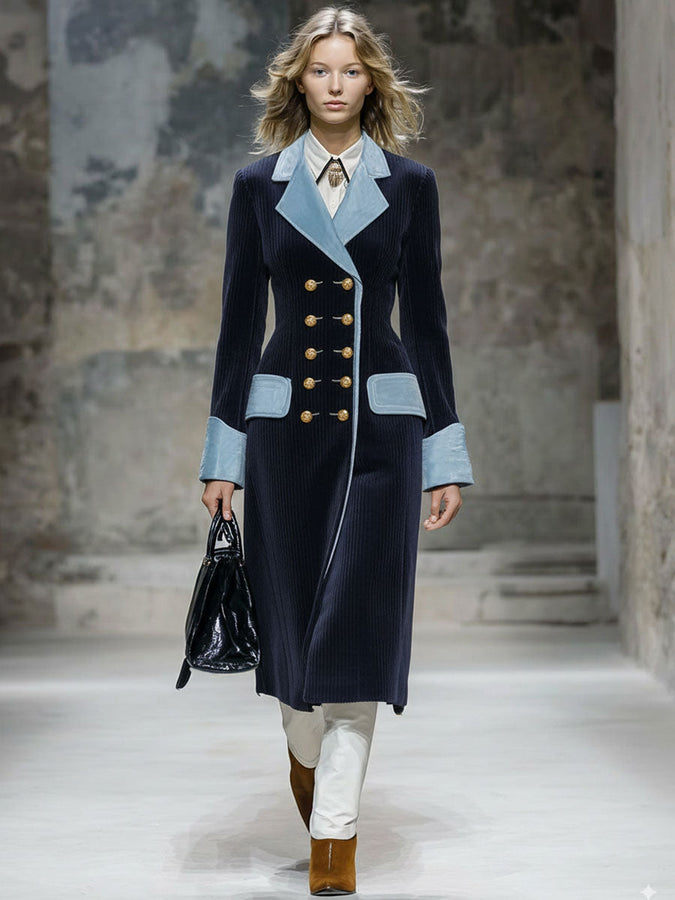 Long Velvet Blue Retro Coat with Navy Cord Trim