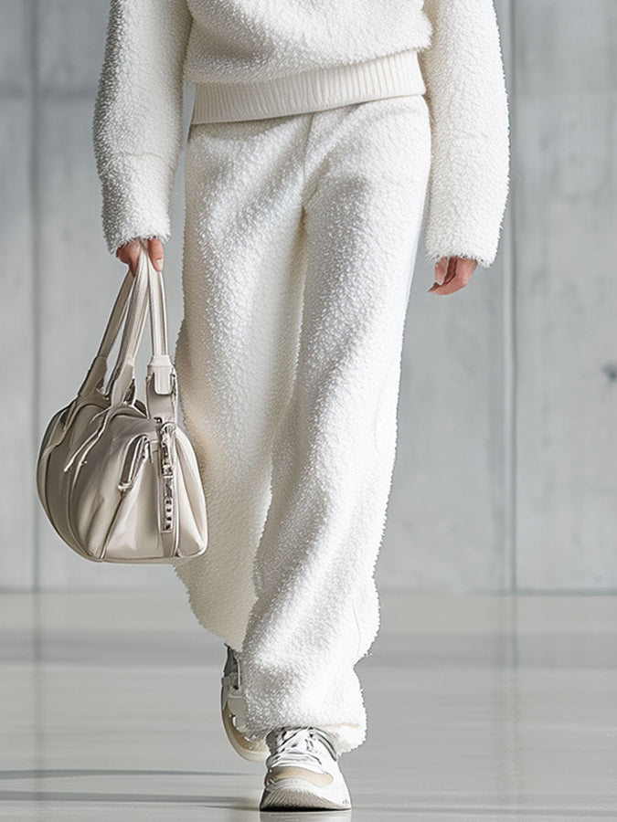 Ensemble Sportif Blanc en Polaire à Zip Demi - Sweat-shirt et Pantalon Confort