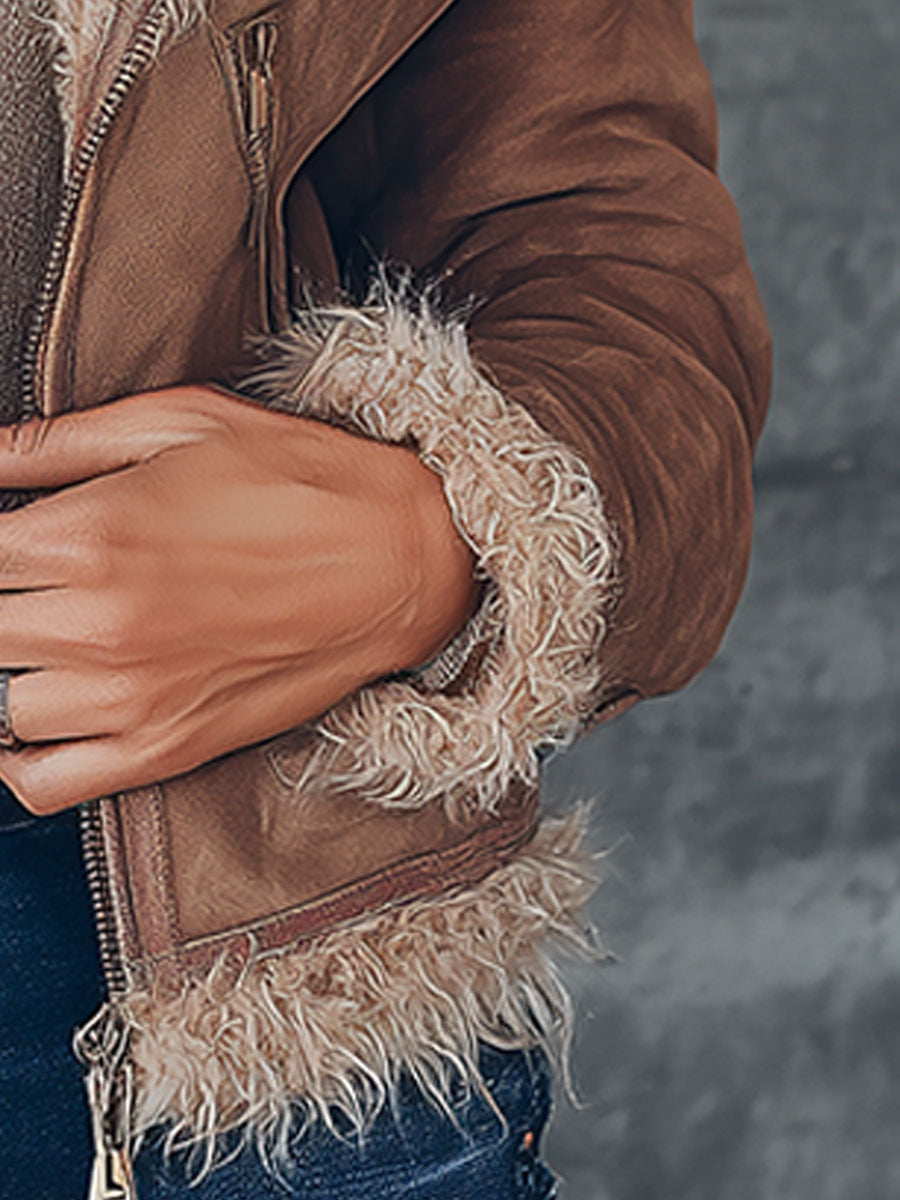 Veste zippée en faux suède marron avec élégante bordure en peluche vintage