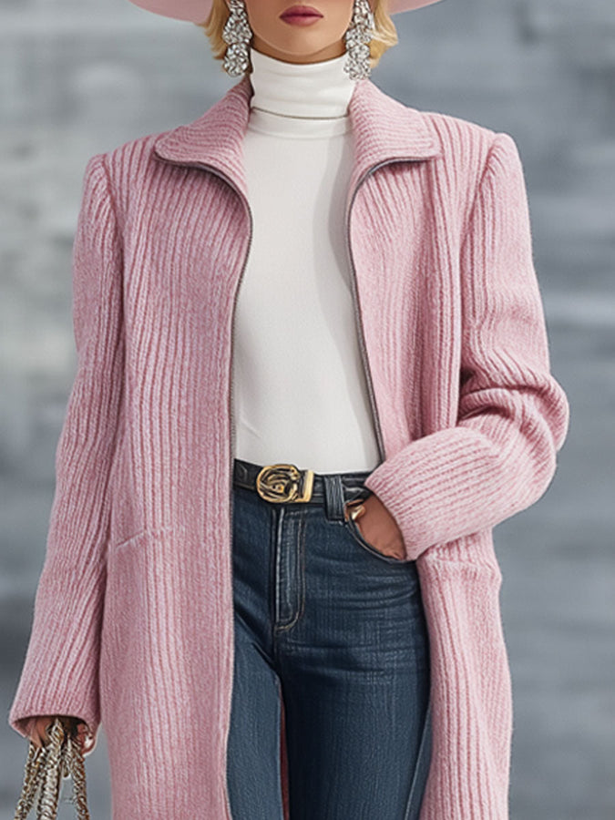 Cardigan Zippé Rose Rétro en Tricot