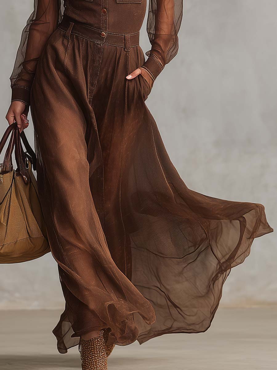 Robe Maxi Vintage en Coton Marron avec Manches Longues en Organza, Décolleté en V et Boutons Frontaux
