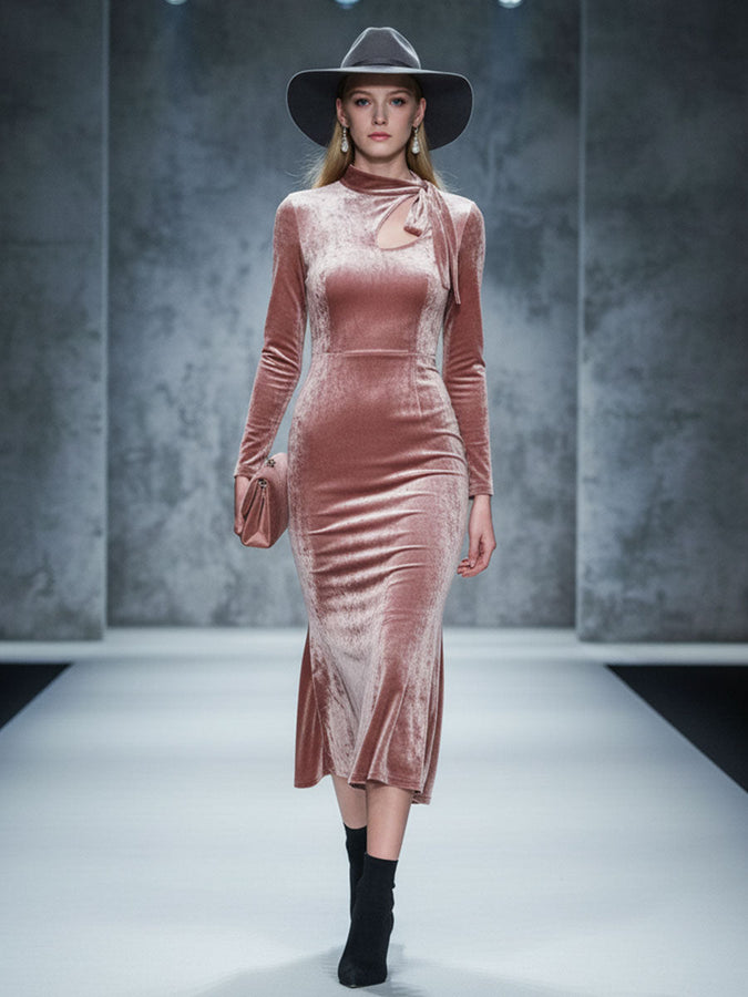 Exquisite Vintage Pink Velvet Midi Dress