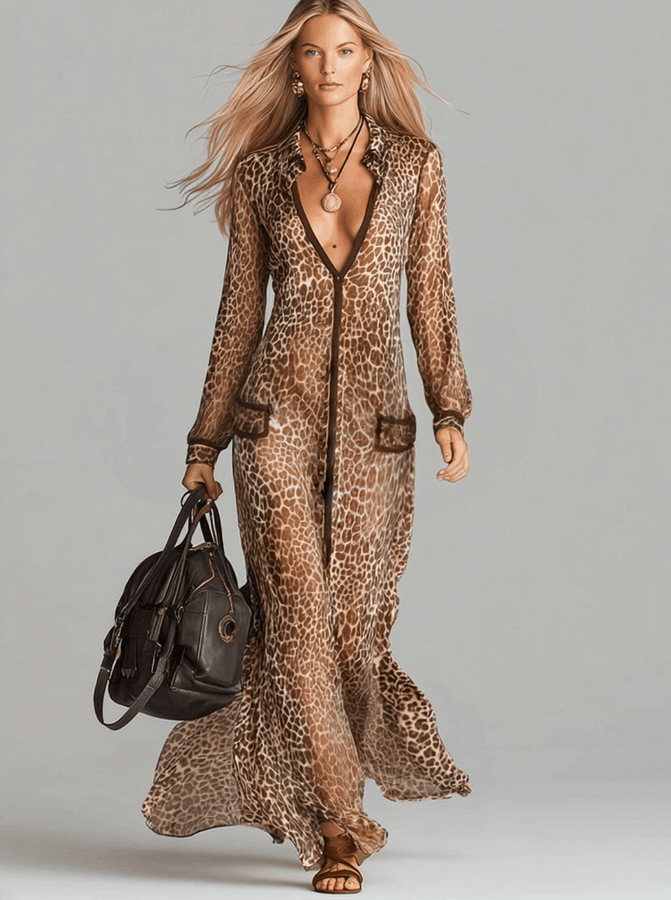 Chic et Tendance : Robe Maxi Longue en Chiffon Léopard Marron