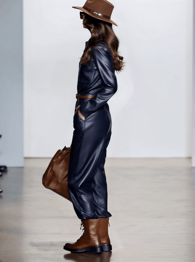 Combinaison Rétro en Simili Cuir Bleu Foncé - Manches Longues et Jambes Amples avec Détails à Lacets
