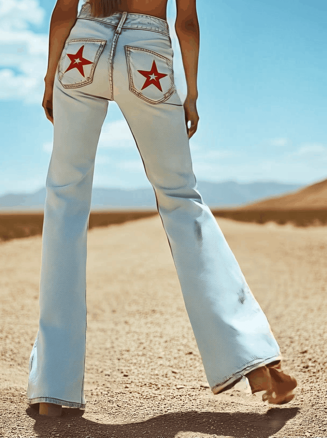 Expédition Rapide : Pantalons en Denim Évasés avec Broderie Étoile Vintage sur Poche Arrière