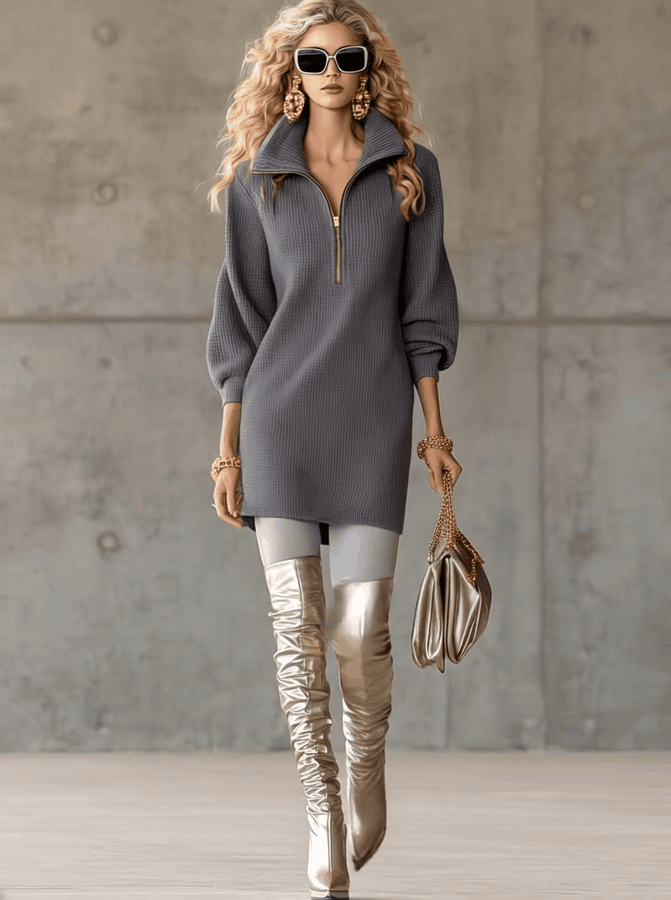 Robe Mini Grise Waffle à Manches Trois-quarts avec Col Revers et Zip Élégant