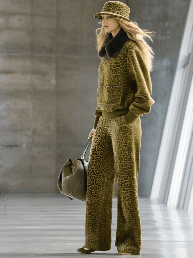 Ensemble Luxe : Sweat à Col en Fausse Fourrure et Pantalon Large Imprimé Léopard