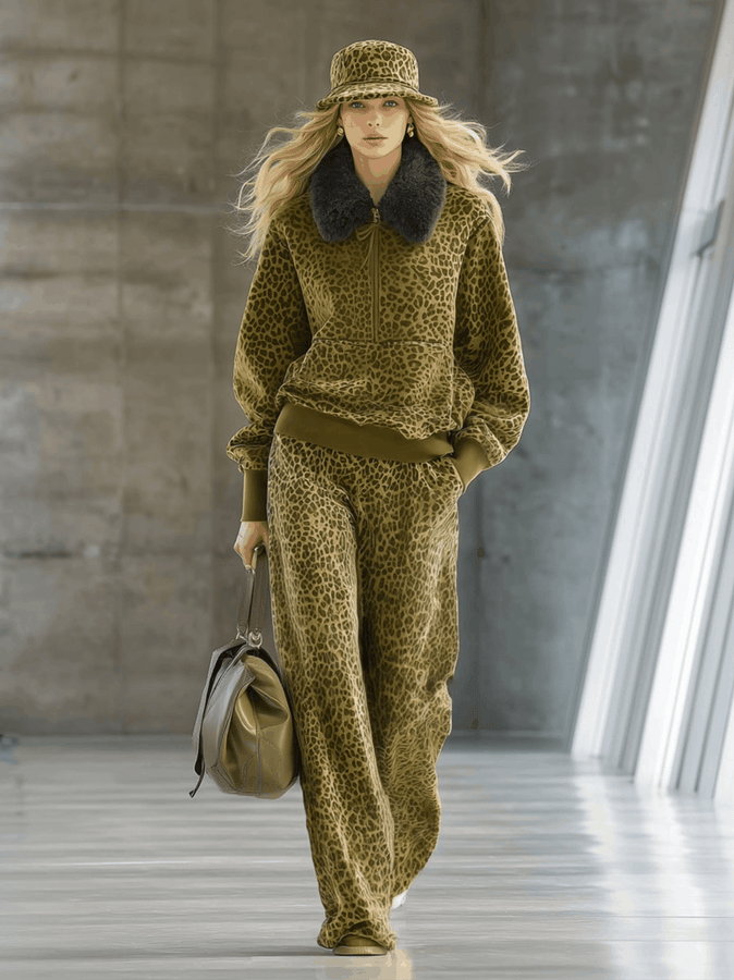 Luxueux Ensemble en Velours à Imprimé Léopard : Sweat à Col en Fausse Fourrure et Pantalon Large