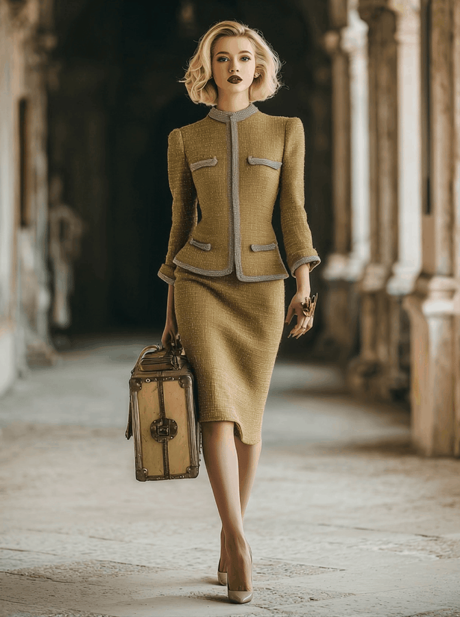 Élégante Veste et Jupe en Tweed Doré Vintage