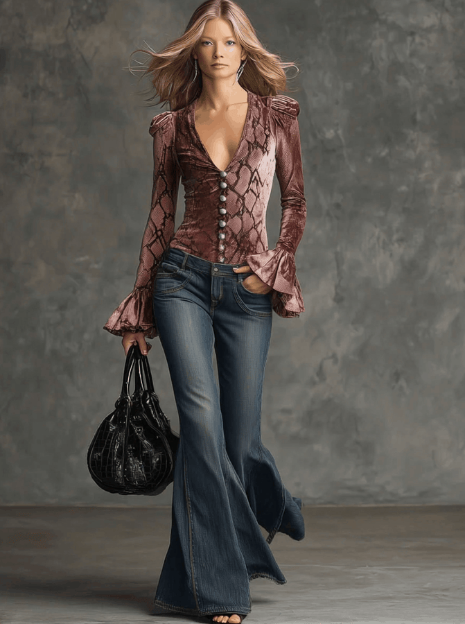 Chemise Vintage en Velours Rose à Manches Longues et Motif Crocodile
