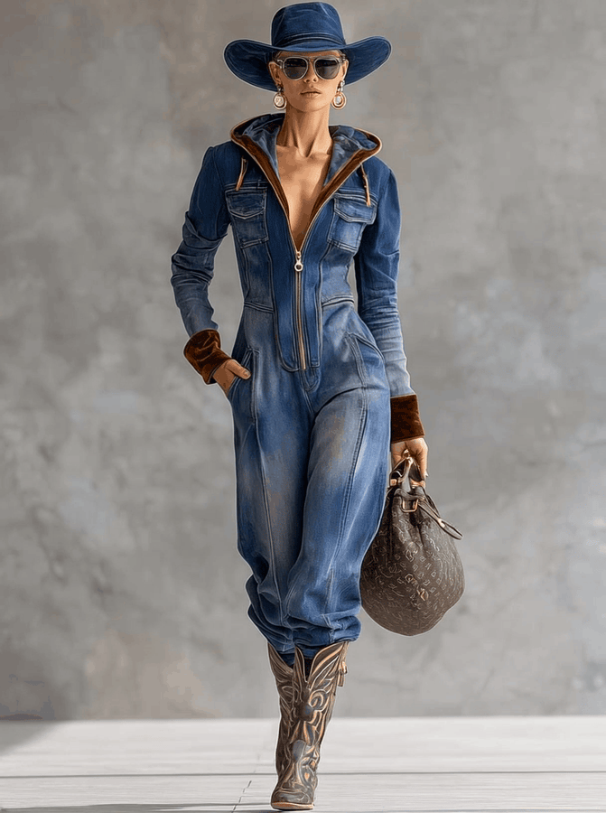 Veste Vintage Western en Velours Denim Bleu - Jumpsuit Décontracté à Capuche et Col en V Zippé