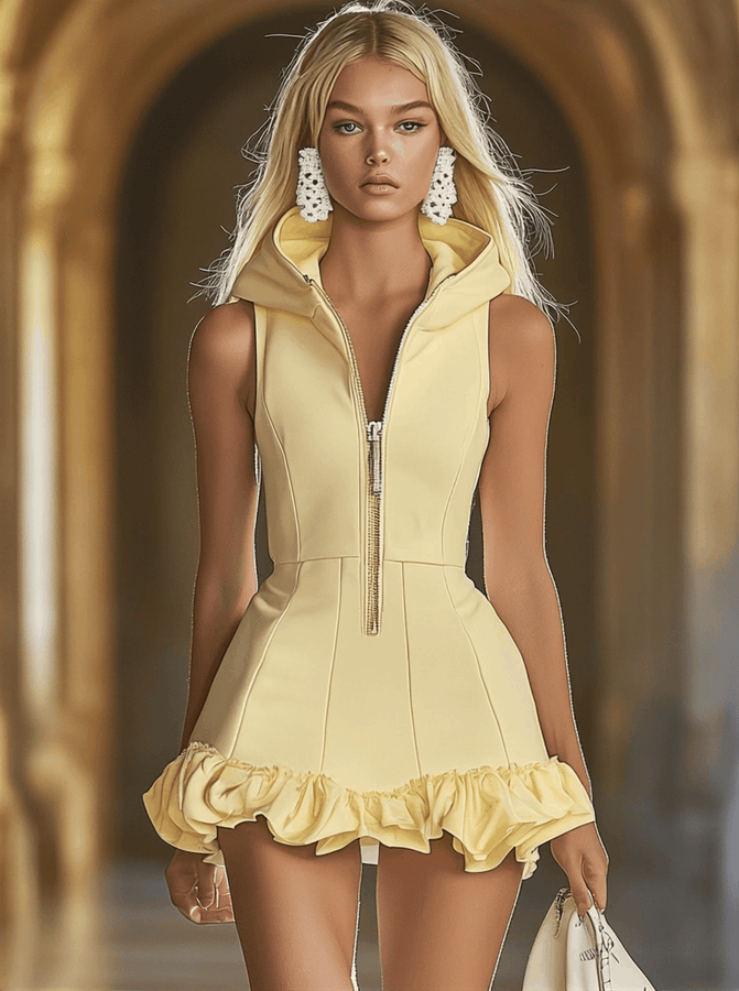 Robe Mini Sans Manches à Capuche - Zip Avant en Jaune Canard avec Volants | Expédition Rapide en 24 Heures