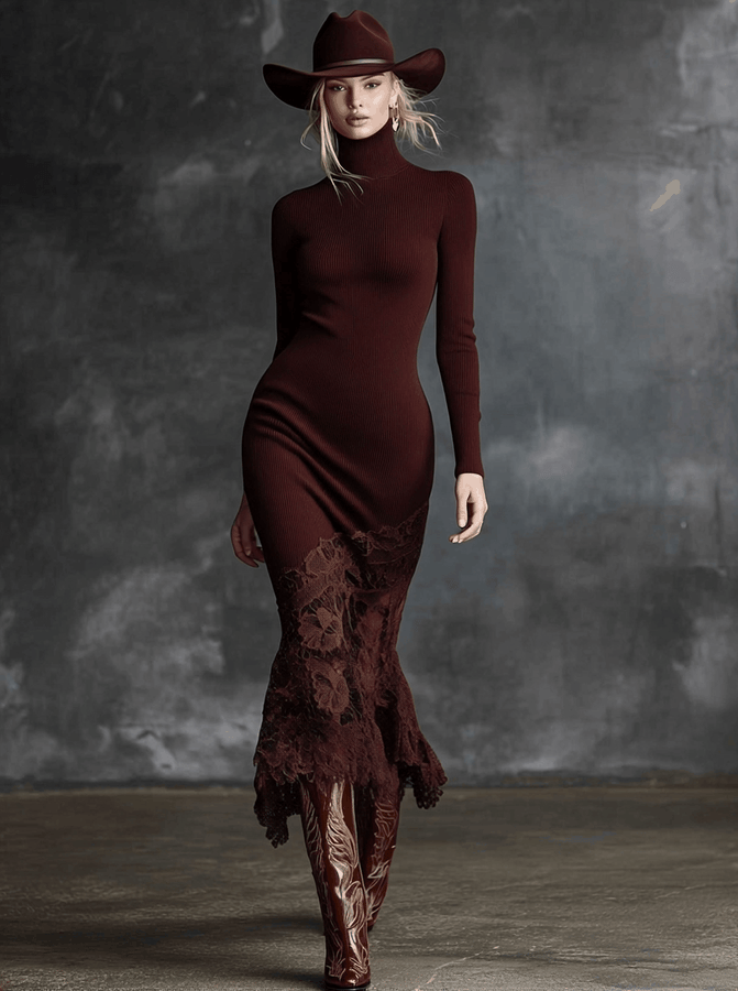 Maxi Robe Tricotée Bordeaux avec Col Montant et Ourlet en Dentelle Élégante