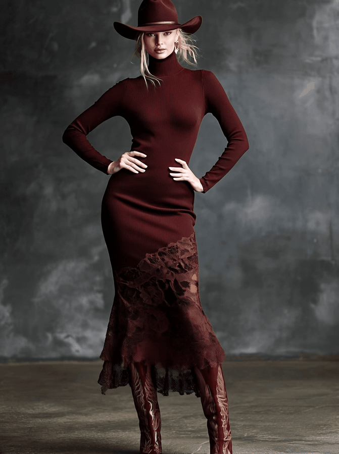 Robe Maxi Bordeaux en Tricot avec Ourlet en Dentelle : Élégance et Simplicité