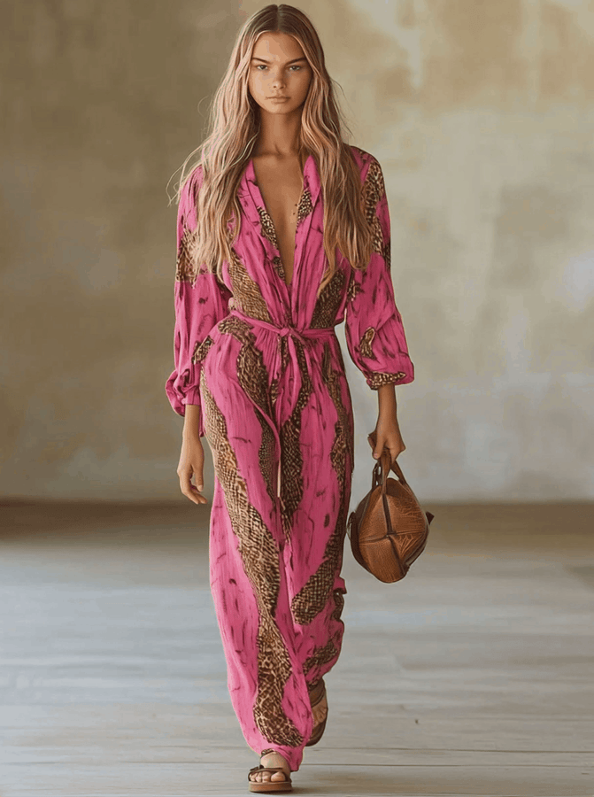 Combinaison Décontractée en Chiffon Léopard Rose et Rouge à Manches Longues