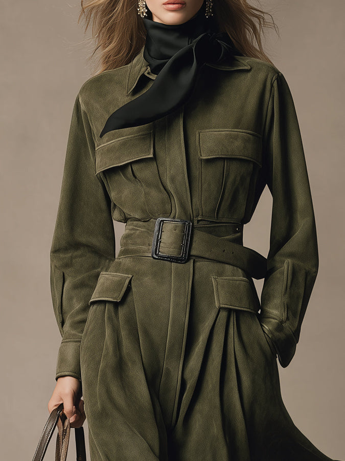 Robe Midi en Suédine Verte au Charme Western Rétro