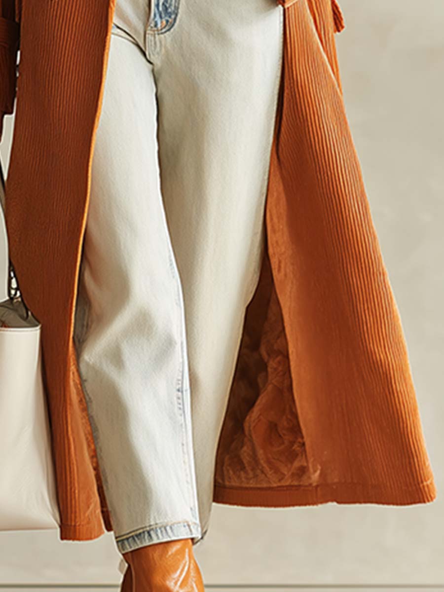 Mi-Long Manteau en Velours Côtelé Orange, Doublé en Polaire - Élégance Tendance