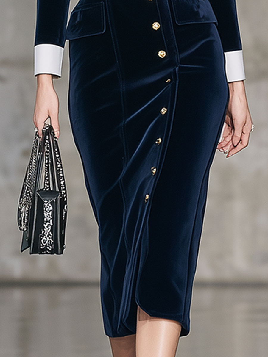 Robe Midi en Velours Bleu Élégante avec Détails Contrastés et Col Raffiné