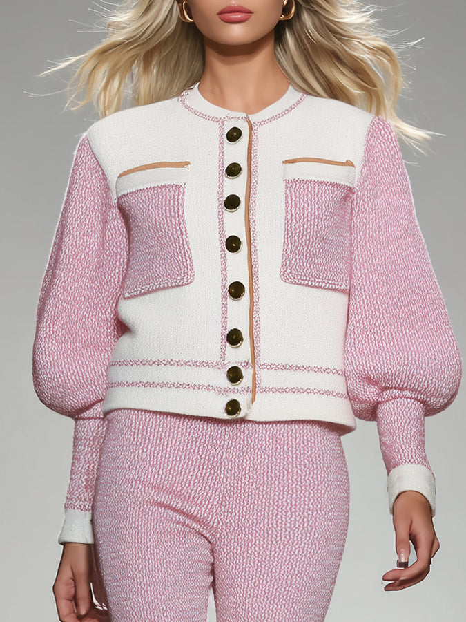 Ensemble Élégant en Tricot : Veste et Pantalon Contrastés Blanc et Rose