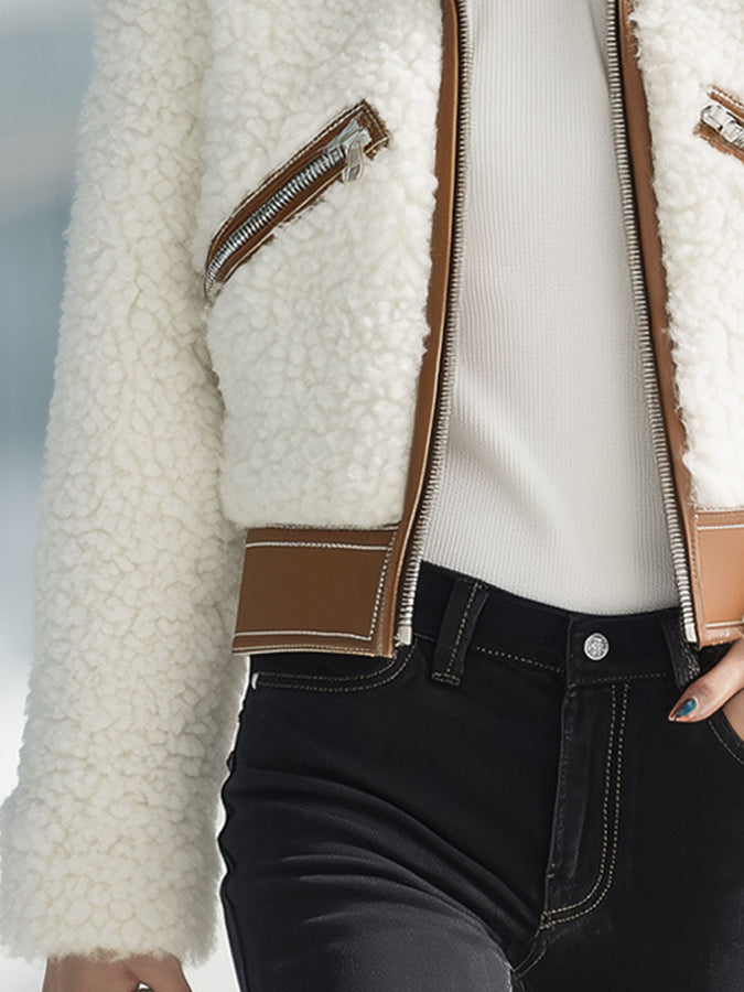 Veste Écologique en Laine d'Agneau avec Poches Zippées et Col Revers en Similicuir