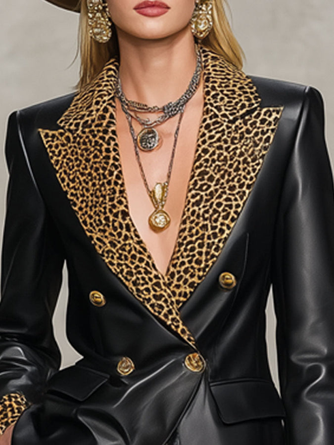 Veste Chic en Simili Cuir avec Imprimé Léopard