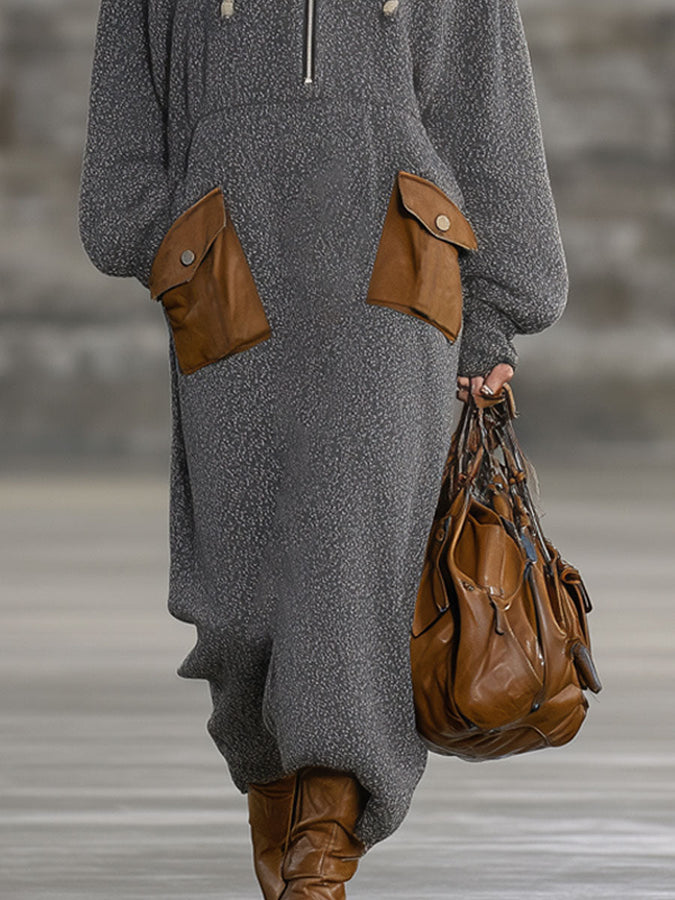 Décontractée Robe Maxi Grise à Capuche en Tricot Vintage