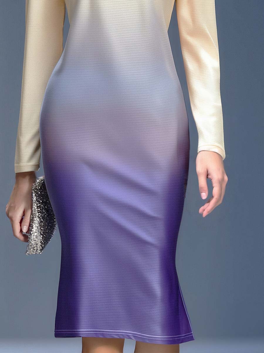 Robe Midi Élégante à Fleurs 3D en Dégradé Beige et Violet