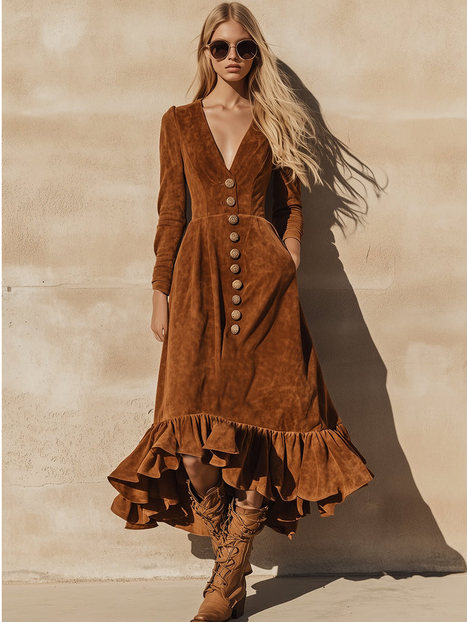 Robe Maxi en Faux Suède Caramel avec Volants et Détails Vintage