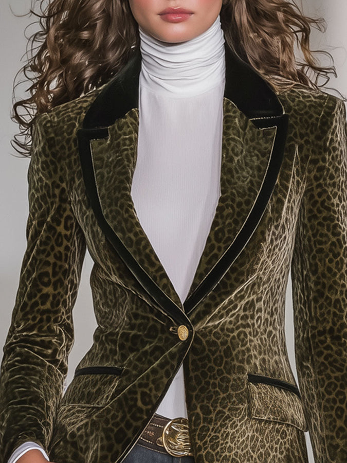 Veste en Velours Léopard Rétro avec Détails Contrastés