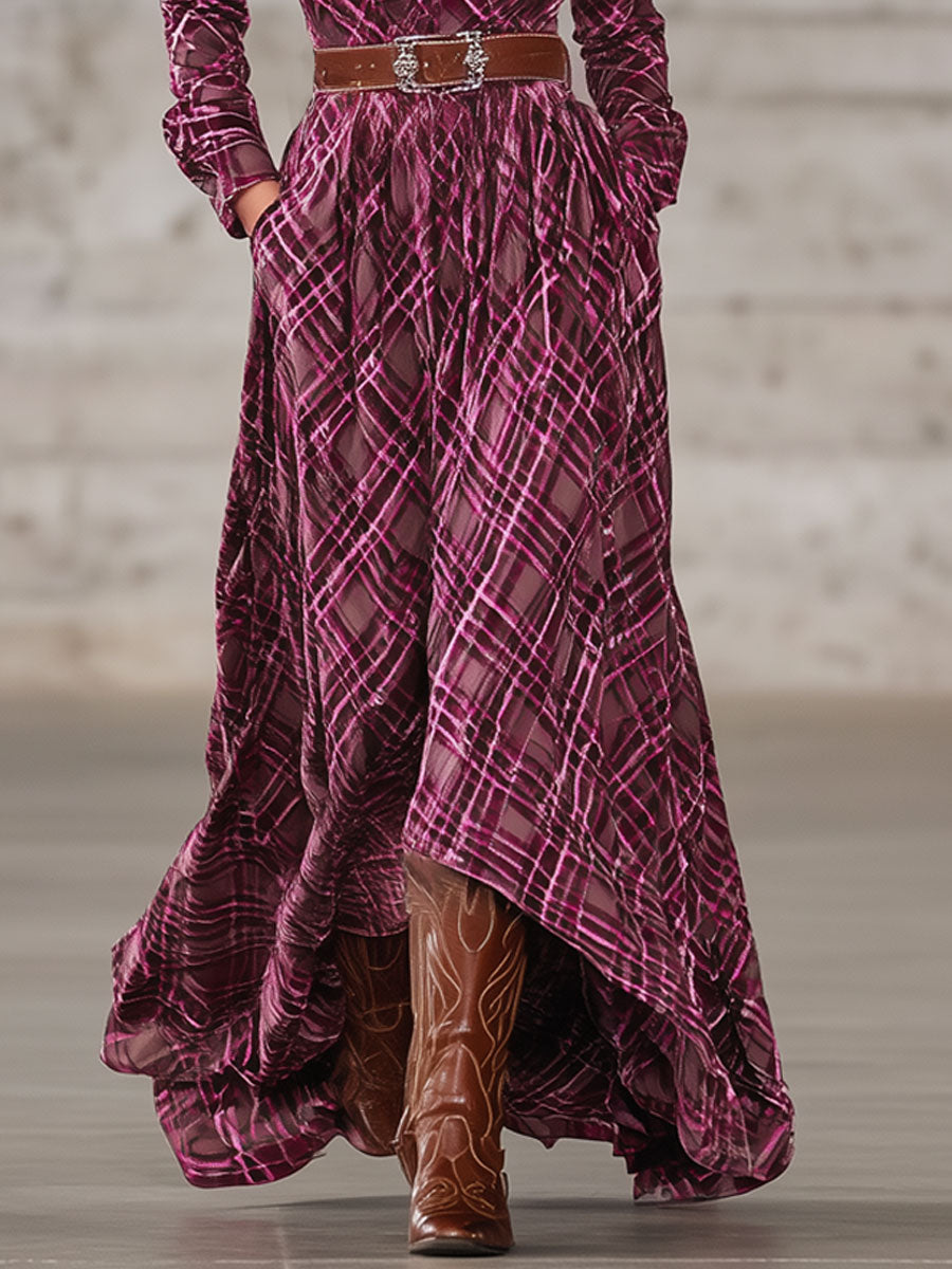 Robe Maxi Longue en Velours Rose à Motif Carreaux Western - Élégance Rétro