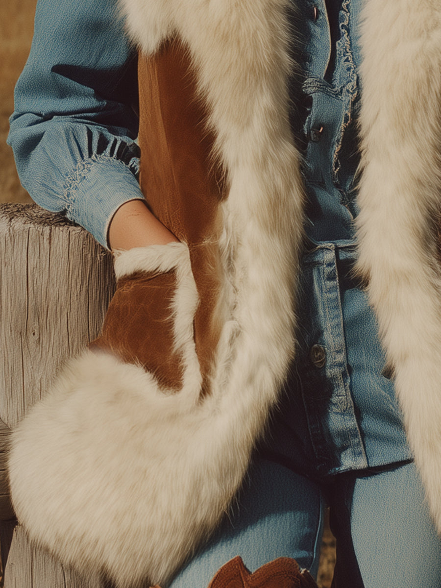 Veste Western en Suède Synthétique Marron avec Doublure en Fourrure de Lapin Écologique