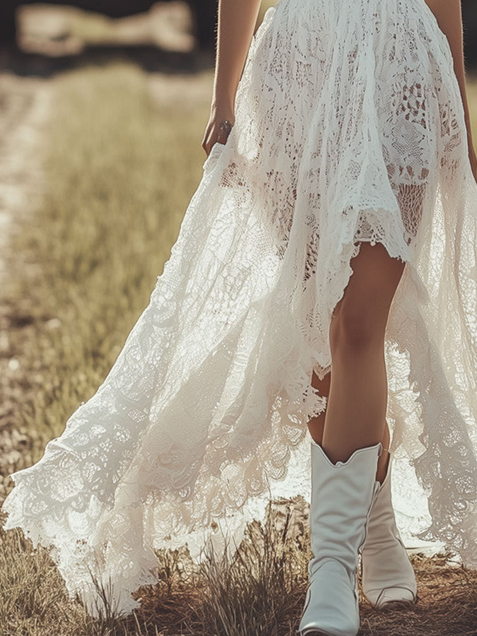 Robe Maxi en Dentelle Blanche Rétro Western - Jupe Irrégulière, Expédition Rapide en 24h!