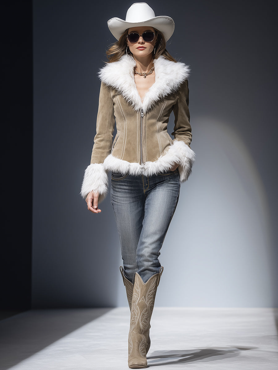 Veste zippée en faux suède kaki avec col en peluche rétro