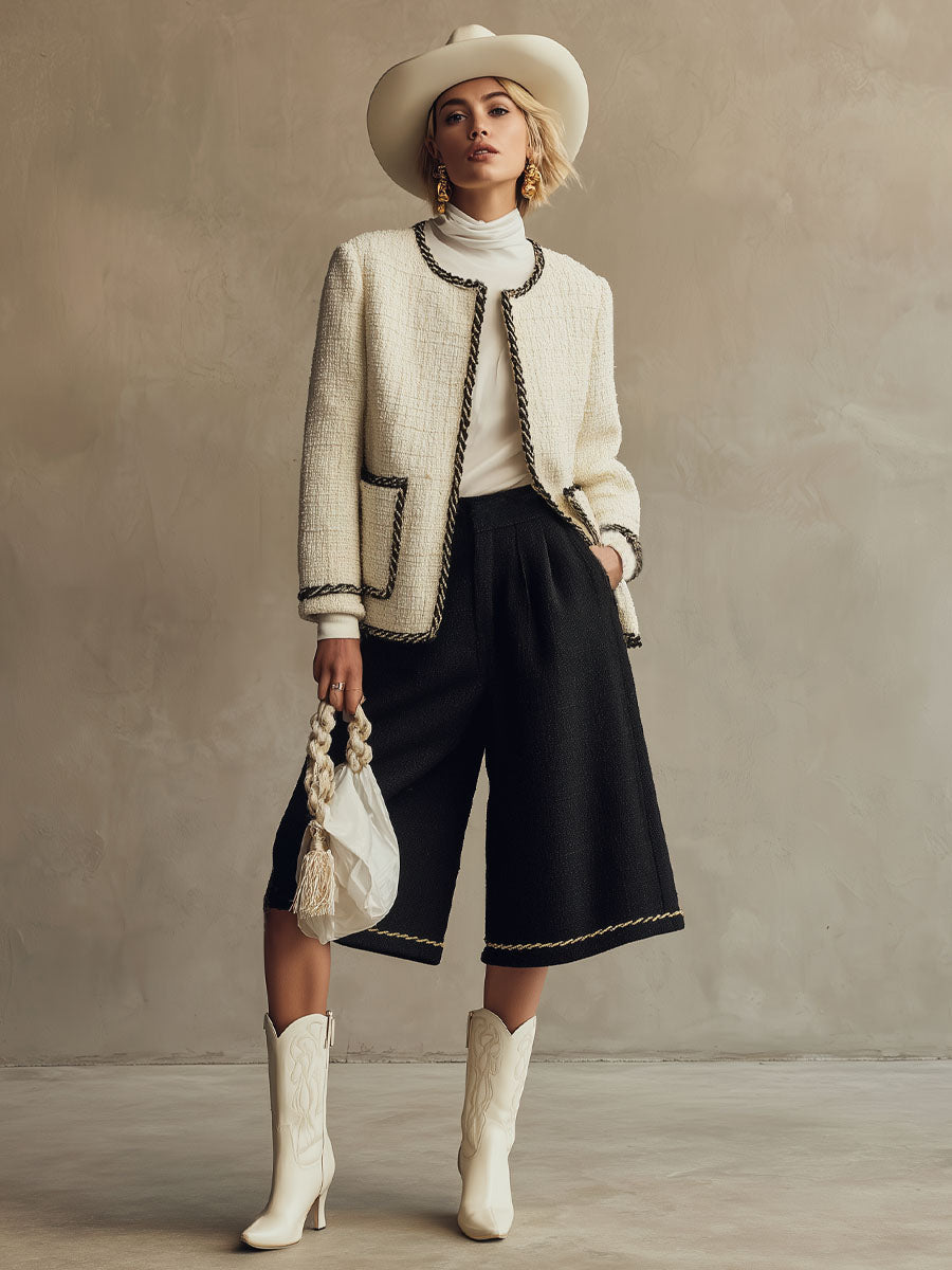 Chic Ensemble en Tweed : Veste Oversize à Col Rond et Pantalons Croisés à Jambes Larges