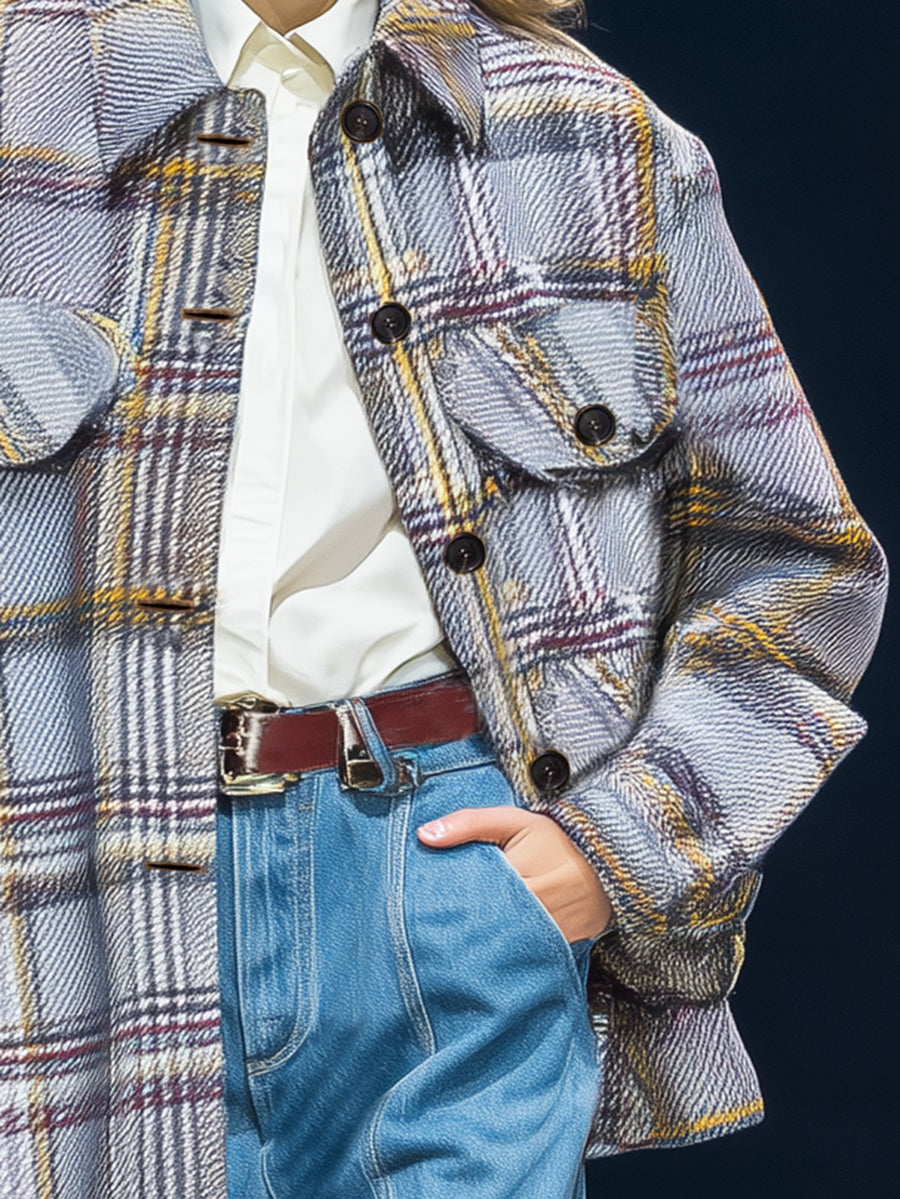 Chic Blazer Décontracté à Carreaux Gris et Jaune