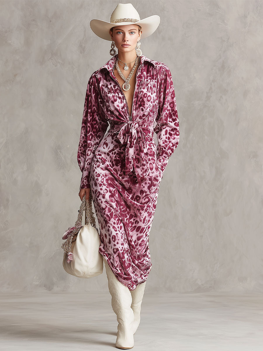 Robe Midi en Velours Imprimé Léopard avec Fermeture Éclair Mi-Longue