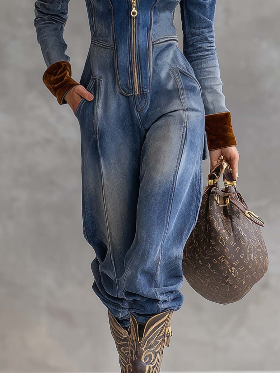 Combinaison Vintage Western en Velours Denim Bleu avec Capuche et Col V Zippé