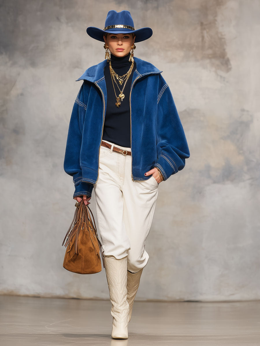 Veste Polaire Corail avec Fermeture Éclair et Coutures Contrastées