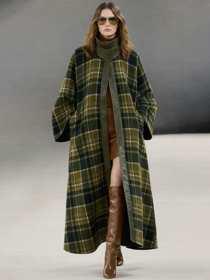 Longue Manteau en Laine à Carreaux Verts avec Bordure Rétro en PU