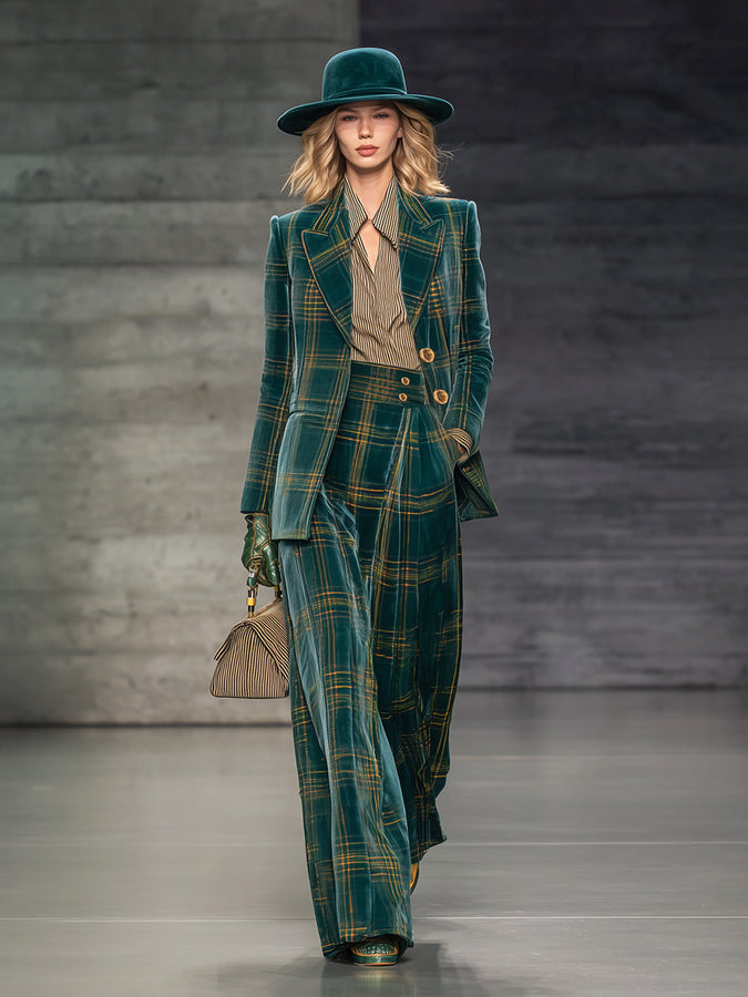 Veste en Velours à Motif Carreaux Verts Rétro avec Pantalon Large Taille Haute
