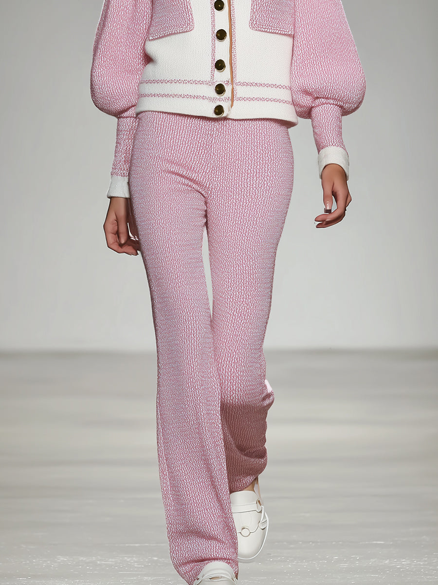 Ensemble Élégant en Tricot Blanc et Rose : Veste et Pantalon Chic et Tendance