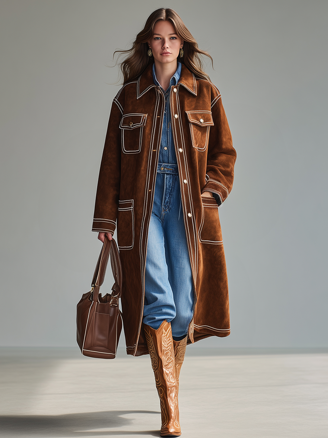 Veste rétro western en faux suède à poches multiples