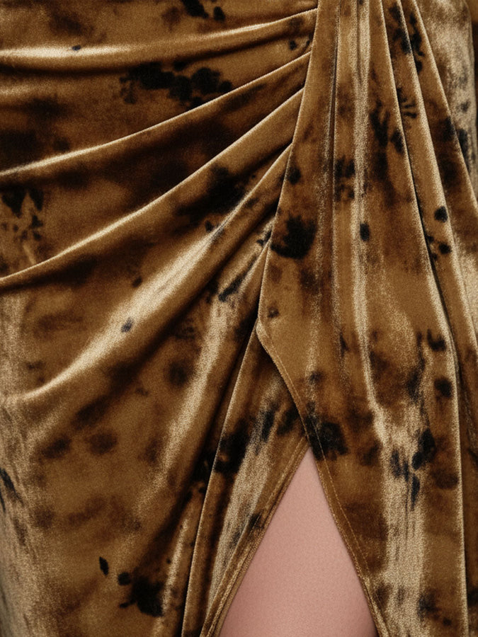 Exquisite Caramel Printed Velvet Midi Dress with Vintage Charm