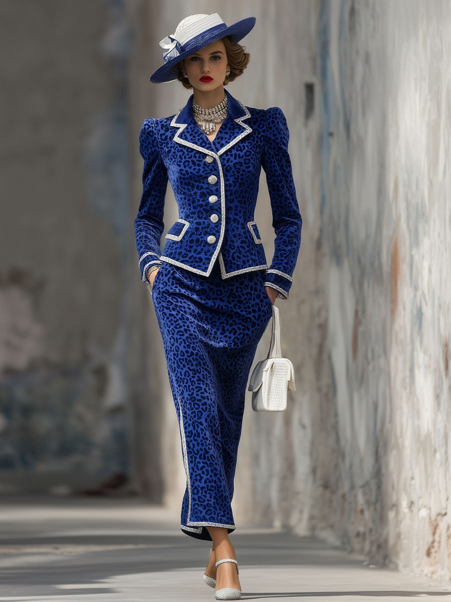 Ensemble Chic en Velours Léopard : Veste Élégante et Jupe à Revers
