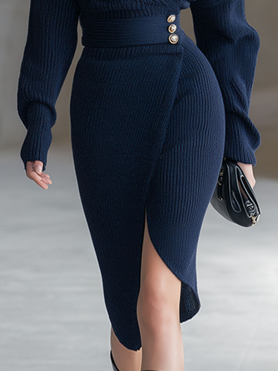 Élégante Robe Midi Tricotée à V-Cou en Bleu Marine