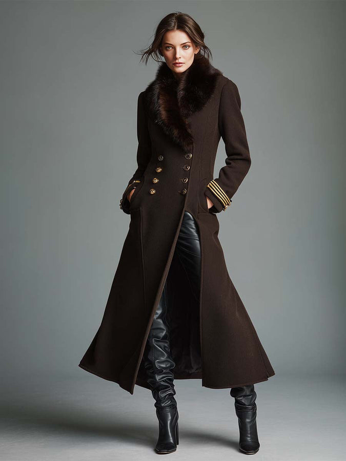 Chic Manteau Long Classique en Luxe avec Col en Fourrure Synthétique Détachable - Marron Café