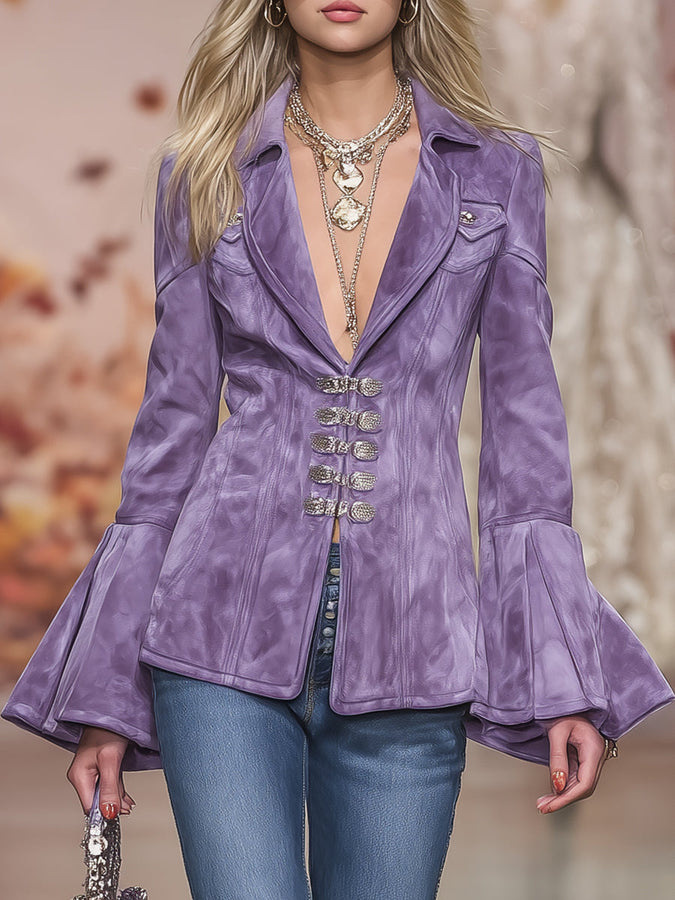 Veste Romantique Rétro en Faux Suède Violet avec Boutons Élégants